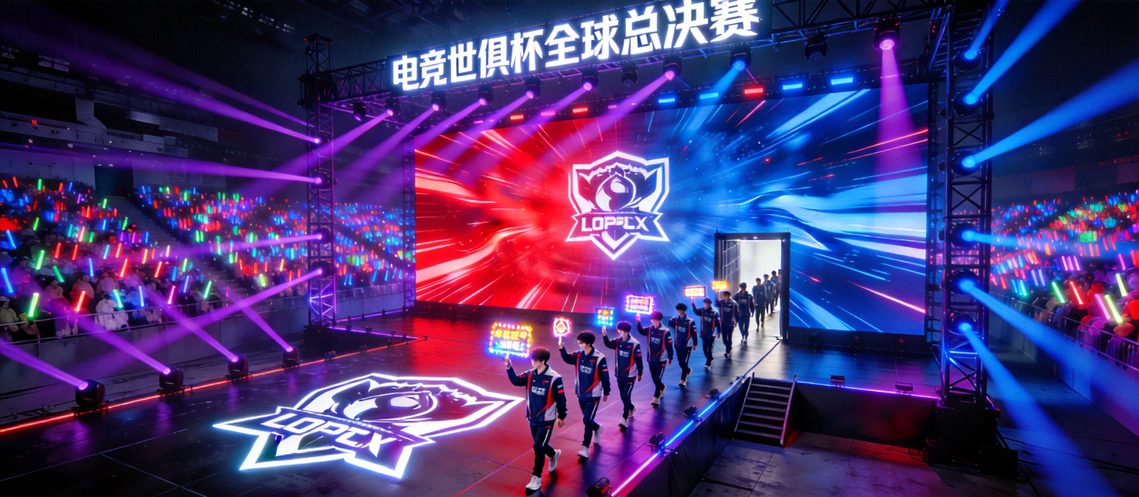电竞世俱杯全球总决赛主舞台全景灯光与选手入场画面
